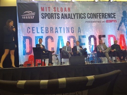 Introducing the Soccer Analytics panel at 2016 MIT Sloan Sports Analytics Conference.  L-R: Student hostess, Andrew Weibe, Devin Pleuler, Chris Anderson, Paul Carr, Blake Wooster.  Not pictured: Gabriele Marcotti.